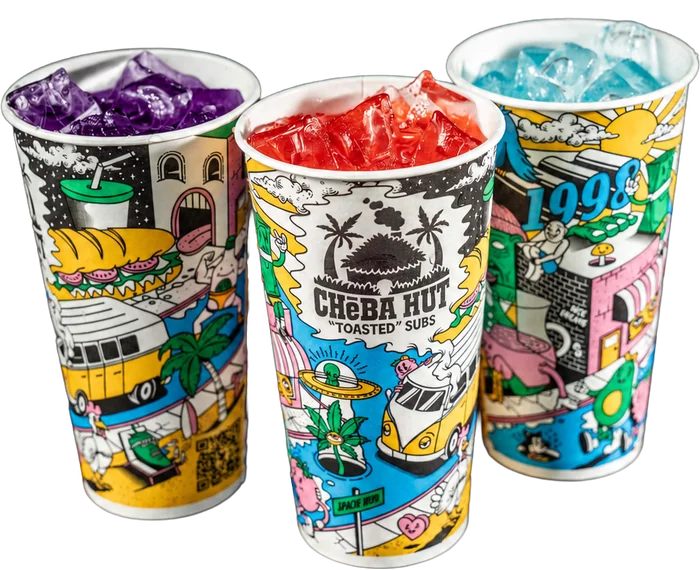 Three Cheba Hut cups filled with colorful drinks