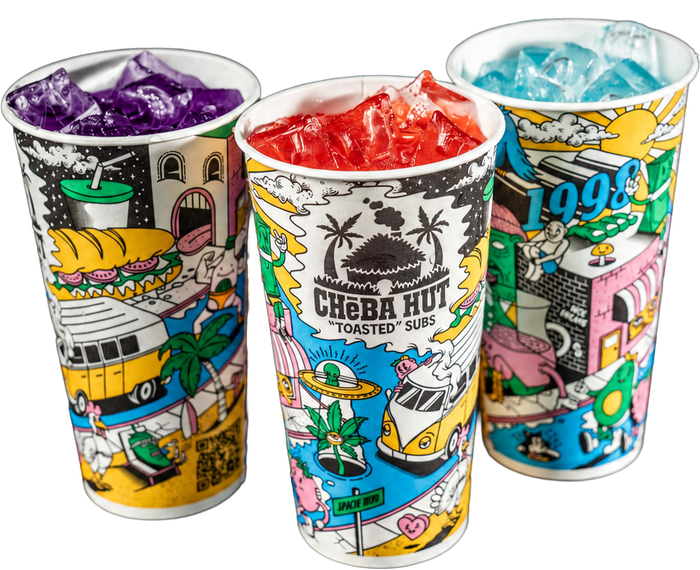 Three Cheba Hut cups filled with colorful drinks