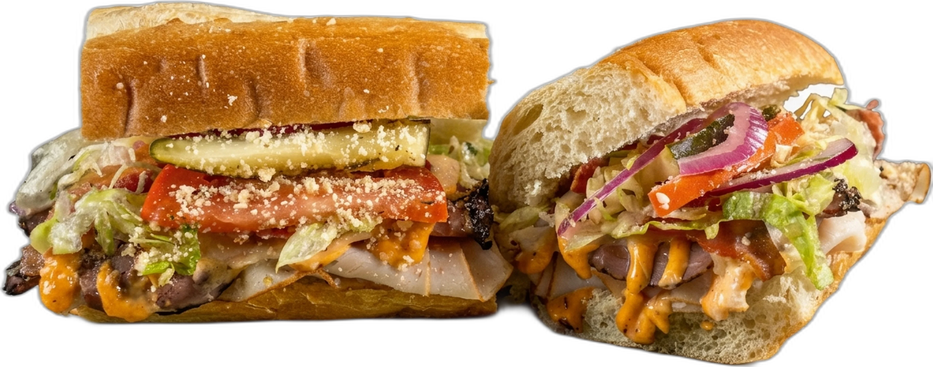 G-13 Turkey & Roast Beef toasted sub with roasted turkey breast, roast beef, bacon, chipotle mayo, and provolone.