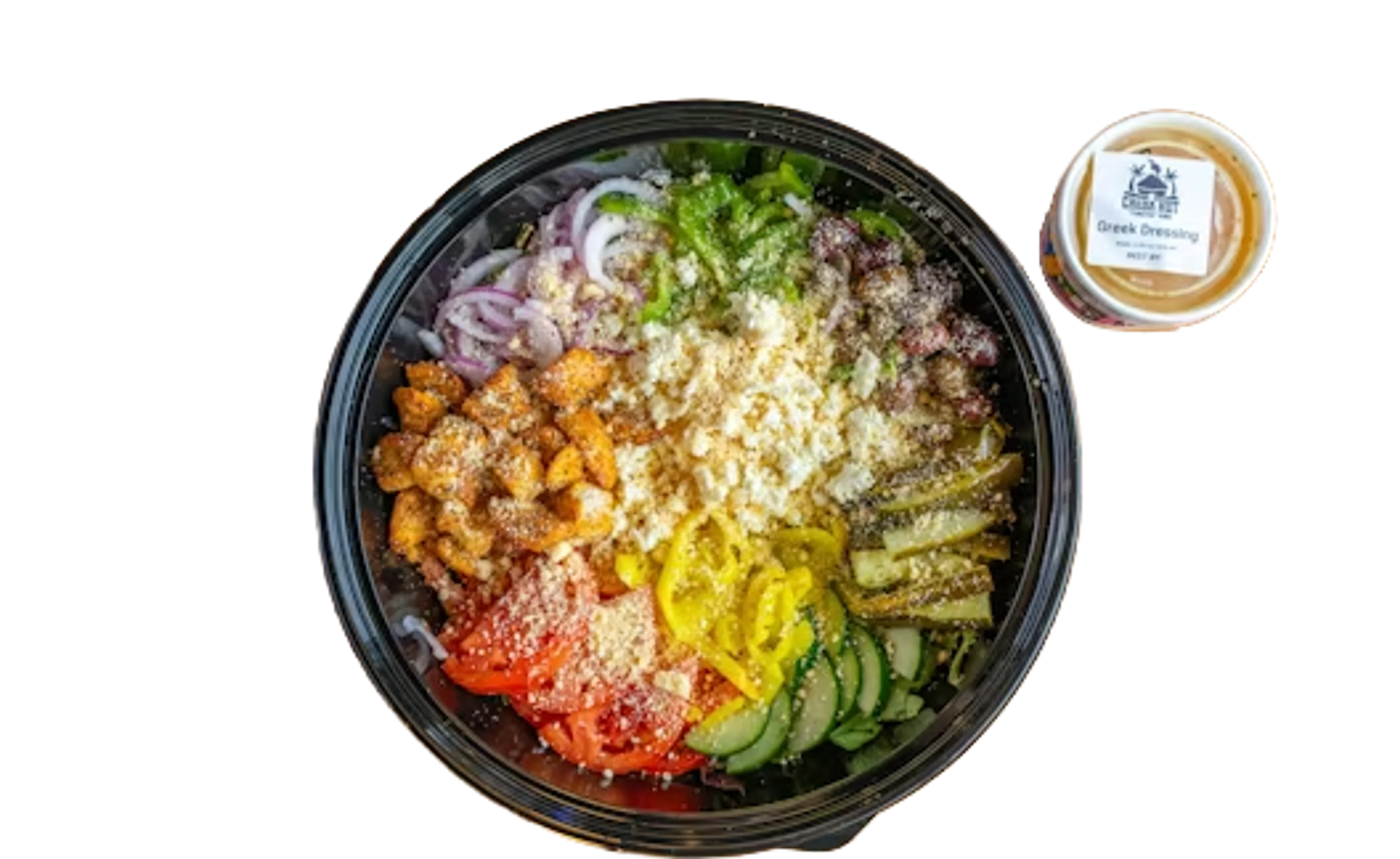 Cheba Hut salad with vegetables, cheese, and dressing