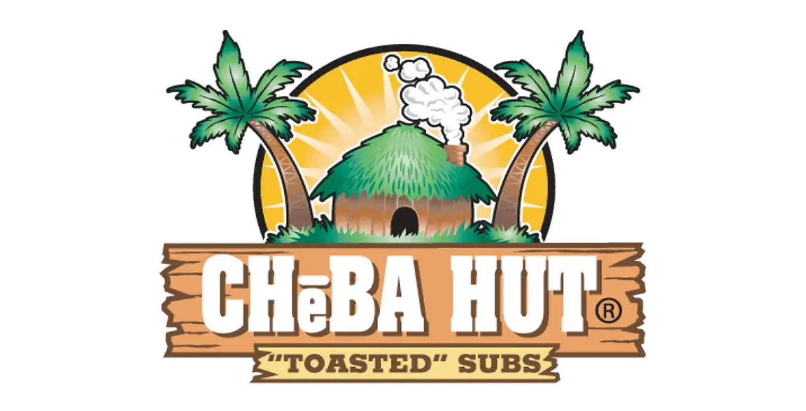 Cheba Hut logo with a smoking thatched hut between palm trees in front of a yellow sun, over a wooden sign reading "Cheba Hut 'Toasted' Subs"