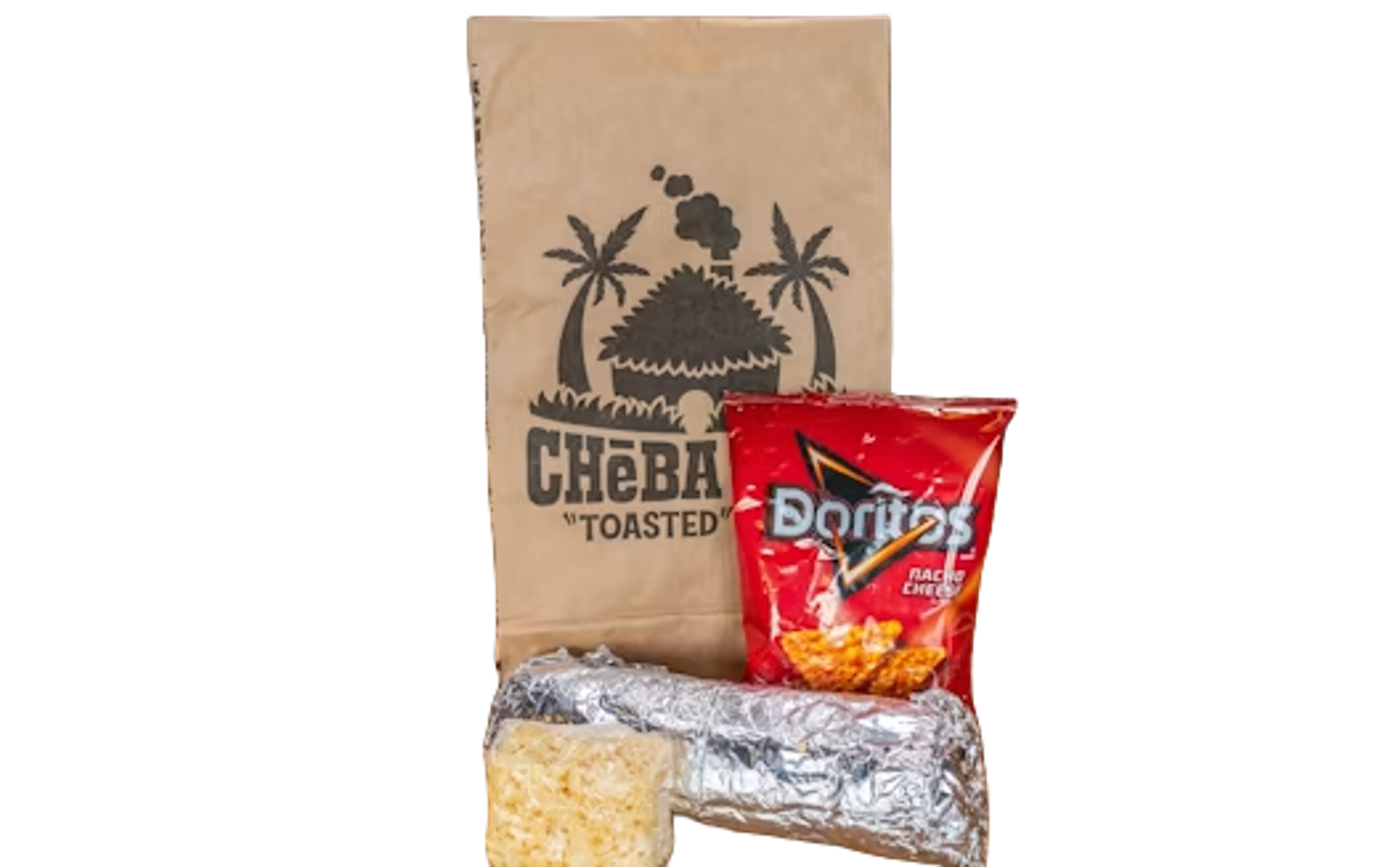 Cheba Hut catering bag with wrapped food and a bag of Doritos