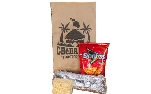 Cheba Hut catering bag with wrapped food and a bag of Doritos