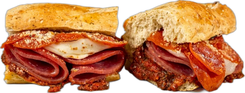 Dank Pizza Sub, a toasted sub with genoa salami, pepperoni, marinara, and double provolone & shake.