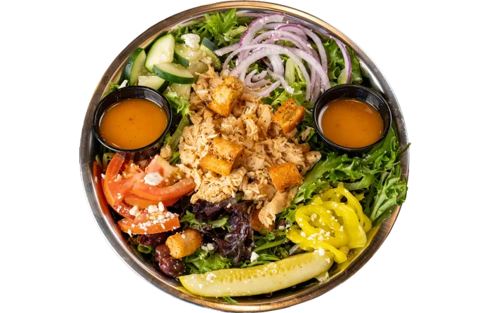 Apollo 13 greek chicken / HUMMUS salad with garlic butter grilled chicken breast OR side of hummus, spring mix, tomatoes, green bell peppers, and onion.