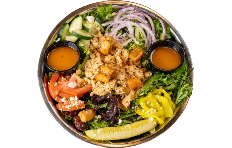 Apollo 13 greek chicken / HUMMUS salad with garlic butter grilled chicken breast OR side of hummus, spring mix, tomatoes, green bell peppers, and onion.