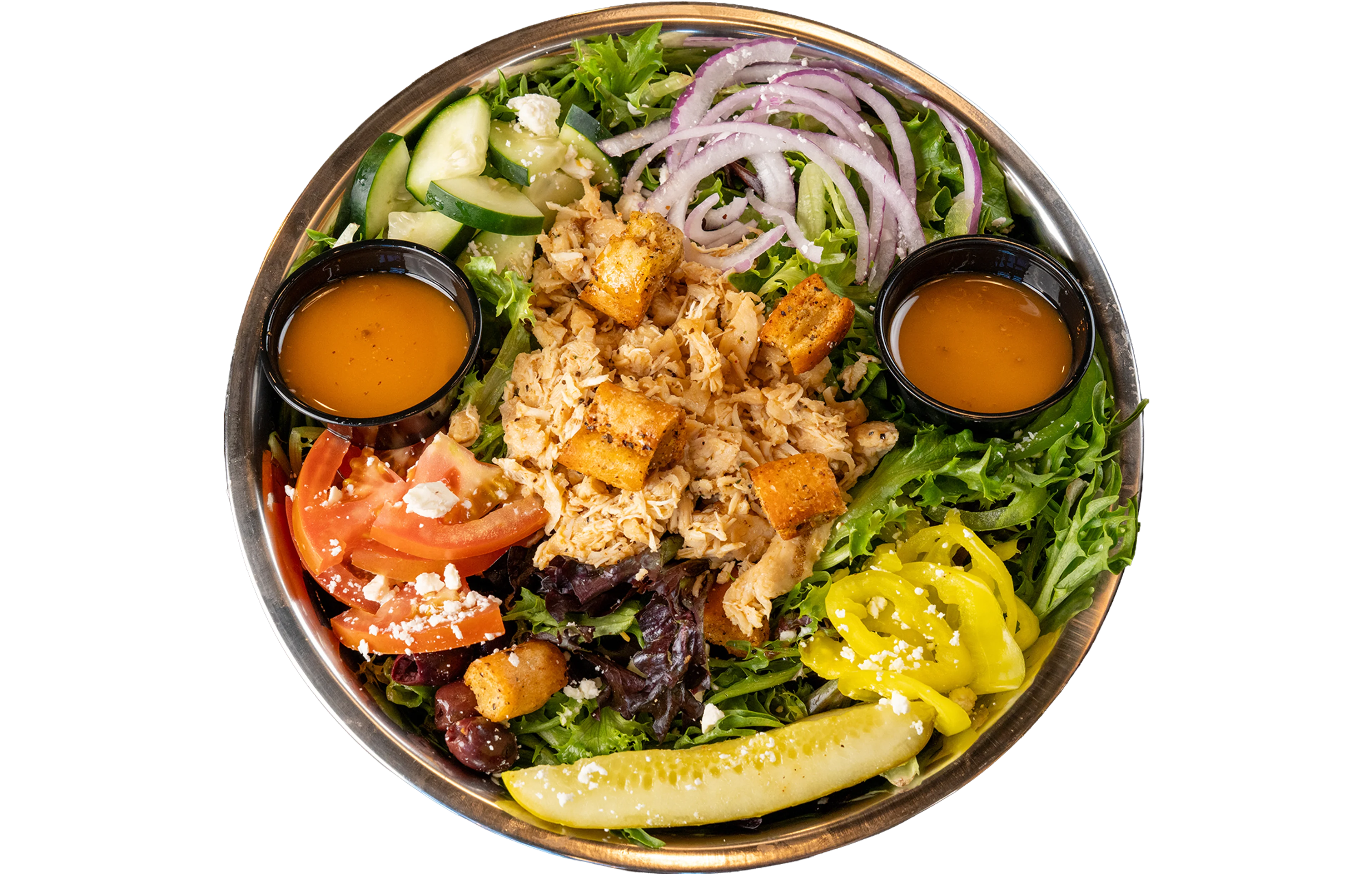 Apollo 13 greek chicken / HUMMUS salad with garlic butter grilled chicken breast OR side of hummus, spring mix, tomatoes, green bell peppers, and onion.