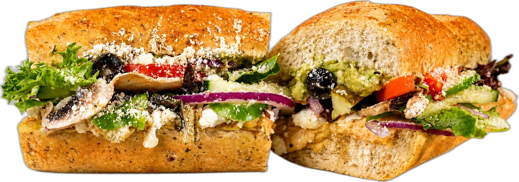 Power Plant Guac & Hummus toasted sub with guacamole, hummus, feta, spring mix, and tomato.