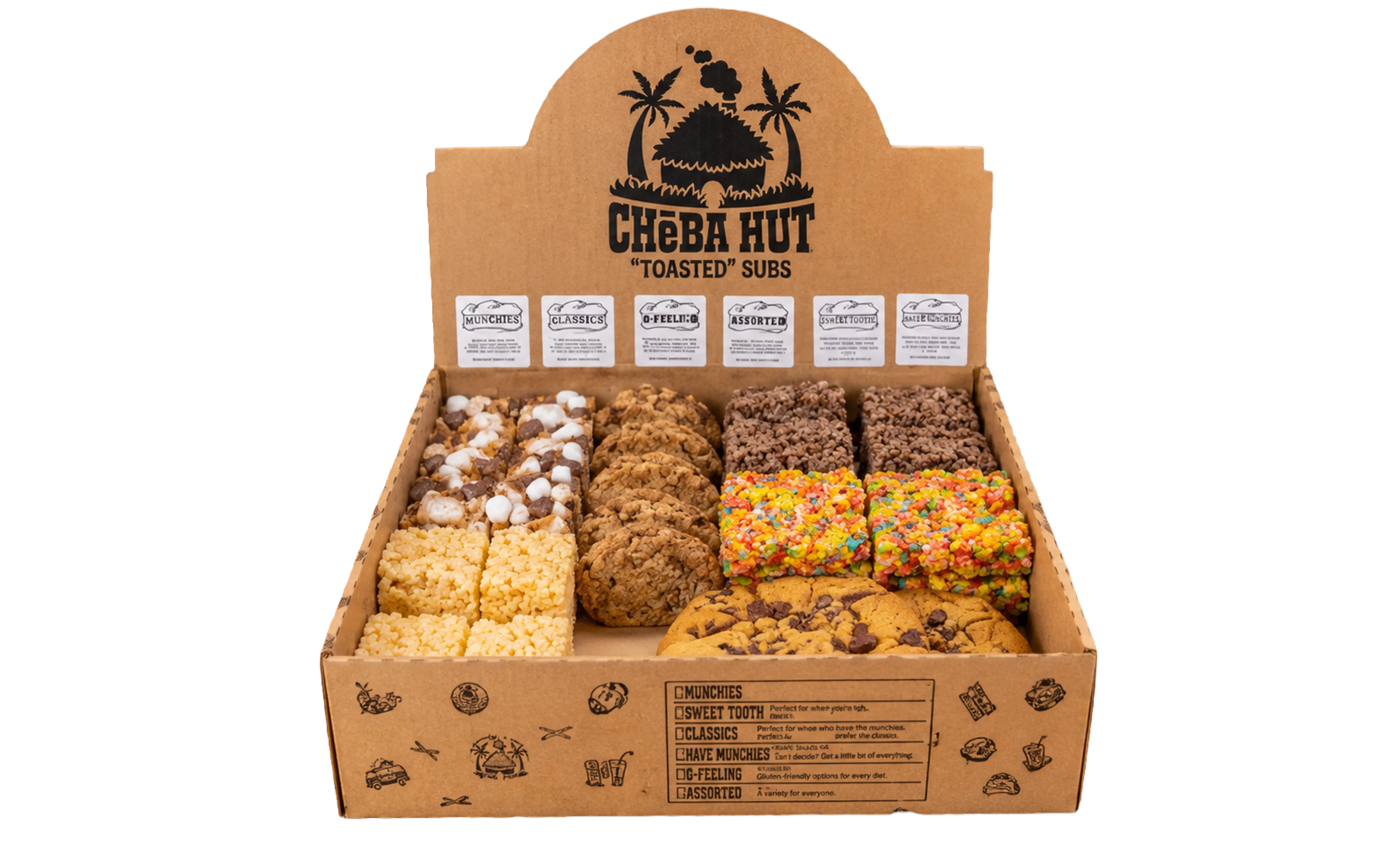 Cheba Hut box filled with cookies, brownies, and colorful cereal treats