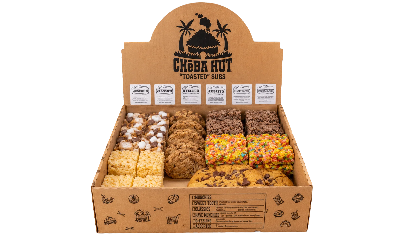 Cheba Hut box filled with cookies, brownies, and colorful cereal treats