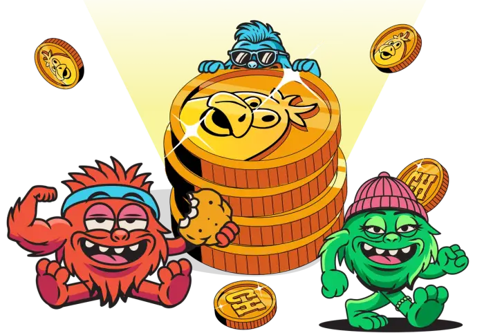 Cheba Hut mascots gathered around a stack of Cheba Coins