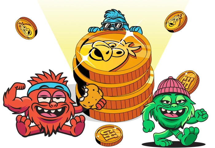 Cheba Hut mascots gathered around a stack of Cheba Coins