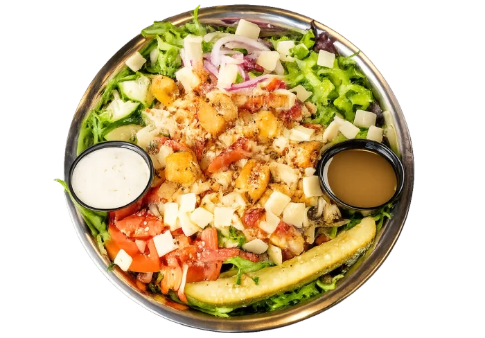 White Widow chicken, bacon, ranch salad with grilled chicken breast, spring mix, tomatoes, green bell peppers, and onion.