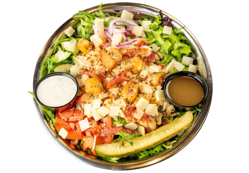White Widow chicken, bacon, ranch salad with grilled chicken breast, spring mix, tomatoes, green bell peppers, and onion.