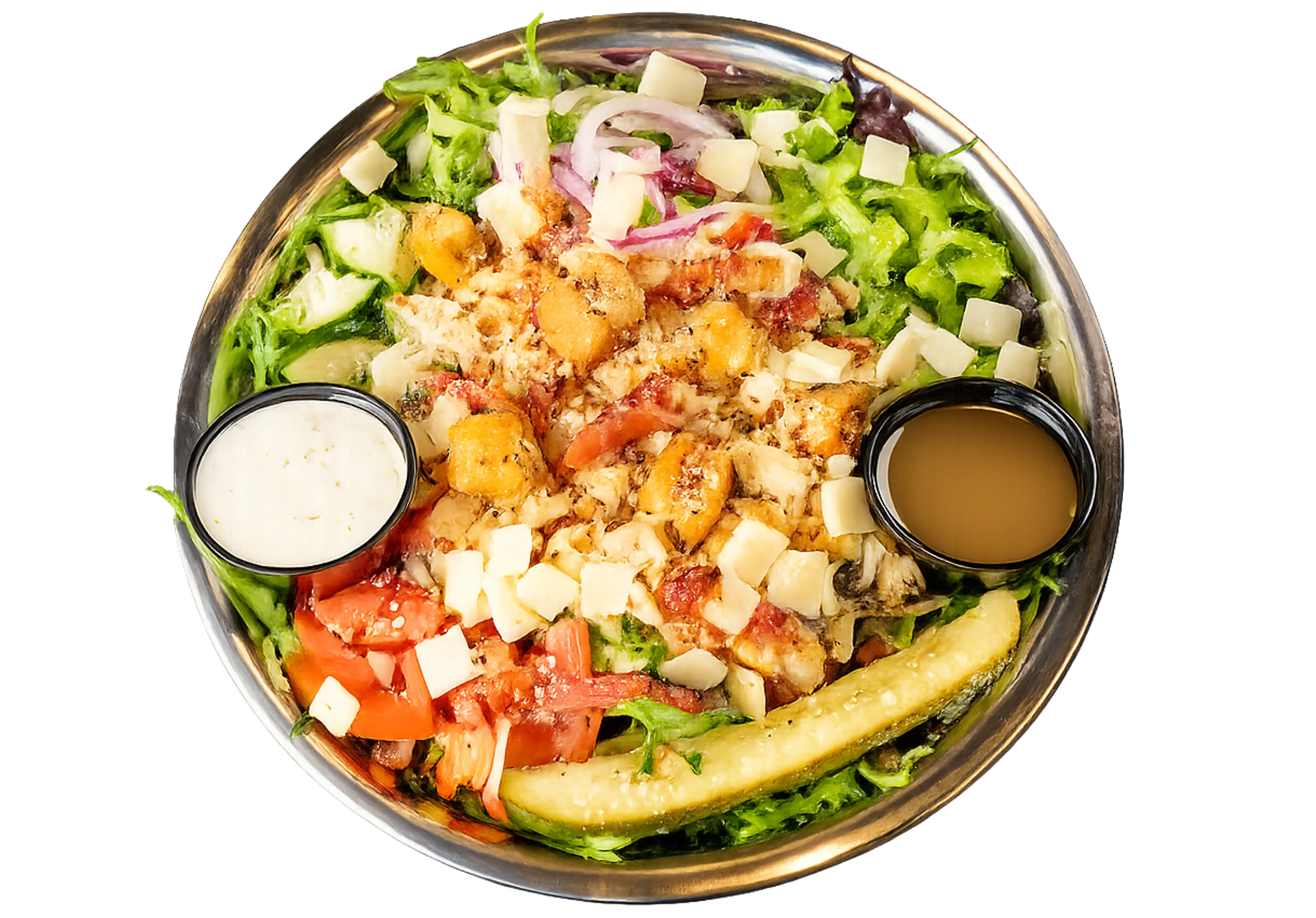 White Widow chicken, bacon, ranch salad with grilled chicken breast, spring mix, tomatoes, green bell peppers, and onion.
