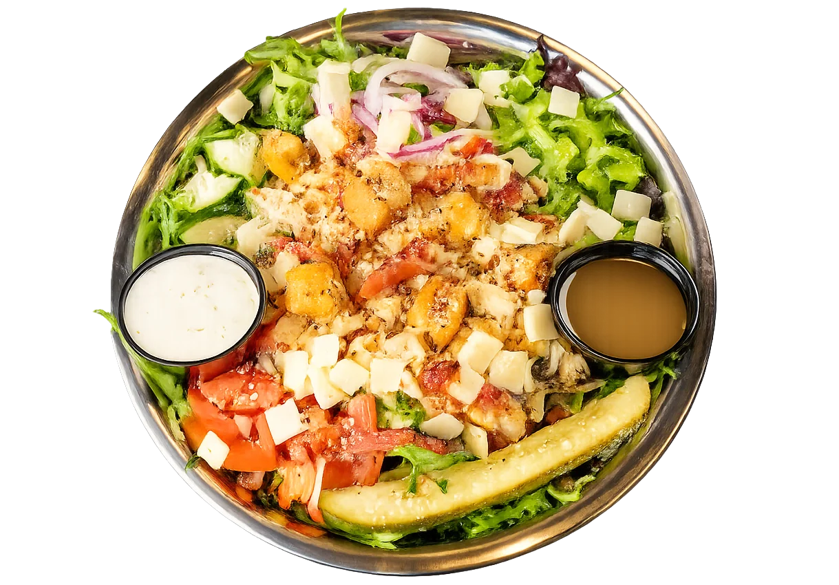 White Widow chicken, bacon, ranch salad with grilled chicken breast, spring mix, tomatoes, green bell peppers, and onion.