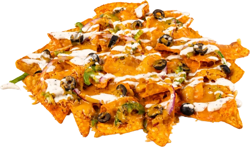 Loaded Not'chos munchie with melted cheddar cheese, jalapeño, onion, and black olives & hot sauce on a bed of Nacho Cheese Doritos with ranch.