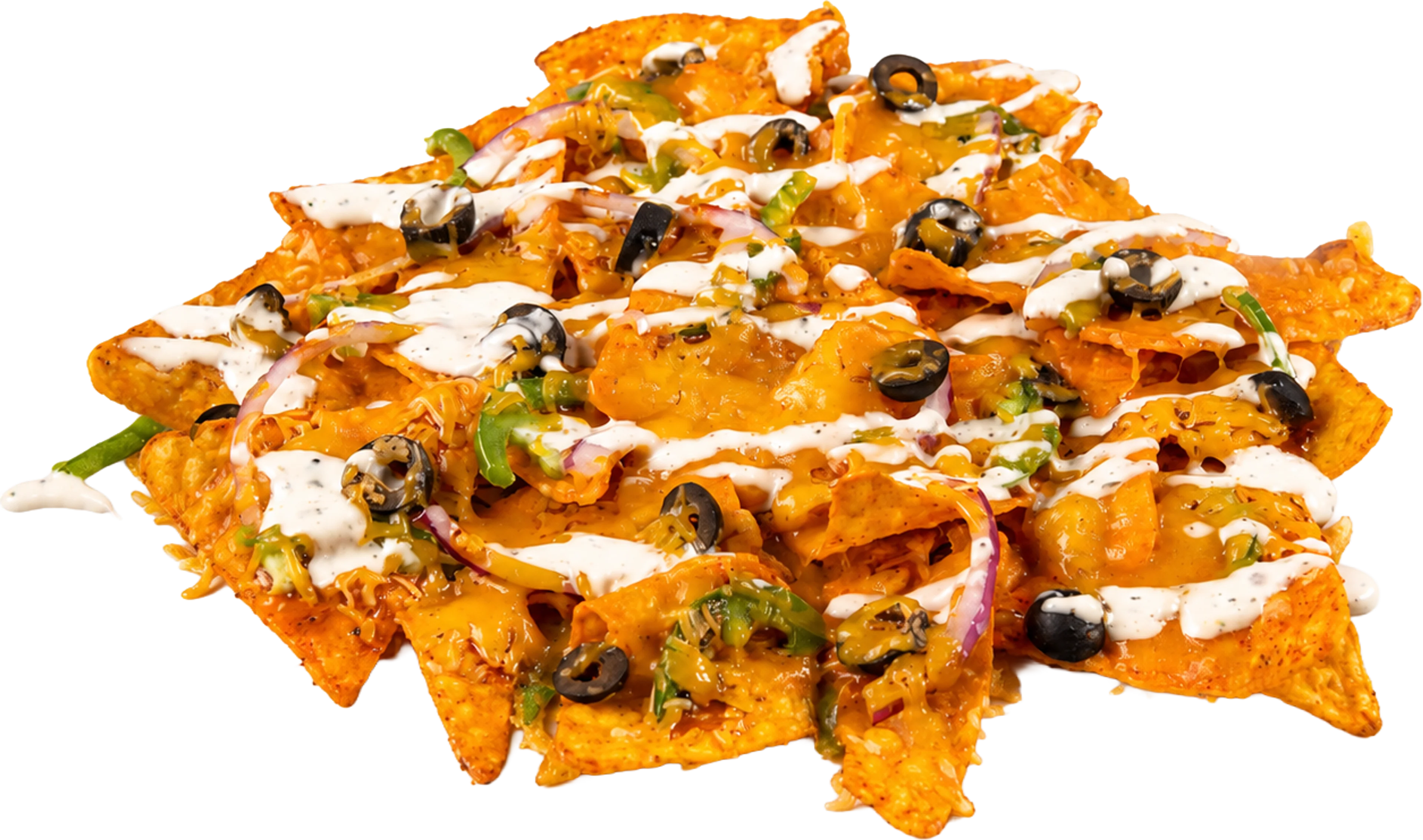 Loaded Not'chos munchie with melted cheddar cheese, jalapeño, onion, and black olives & hot sauce on a bed of Nacho Cheese Doritos with ranch.