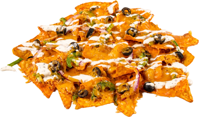 Loaded nachos with cheese, sour cream, peppers, onions, and olives