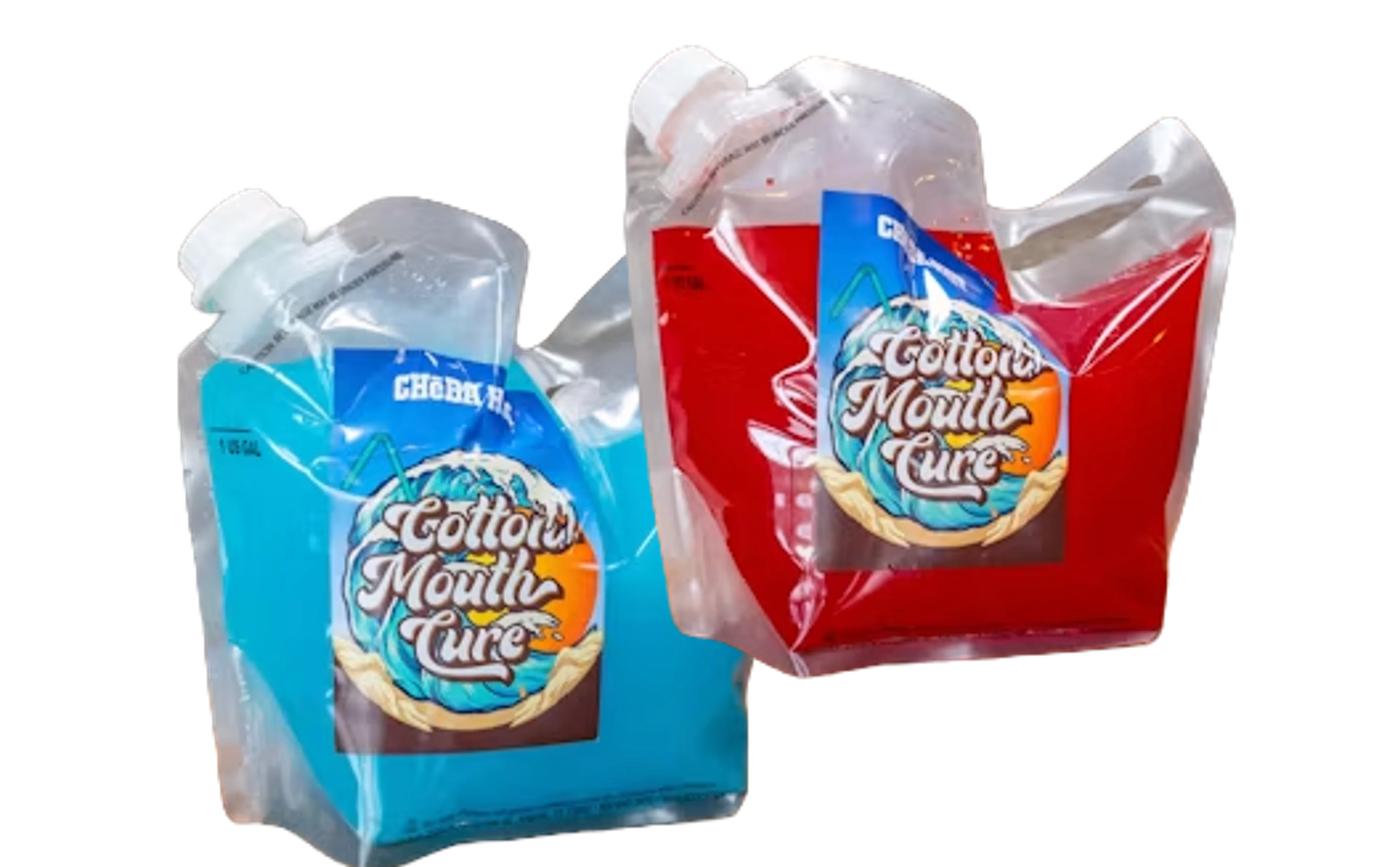 Blue and red Cottonmouth Cure drinks in plastic pouches