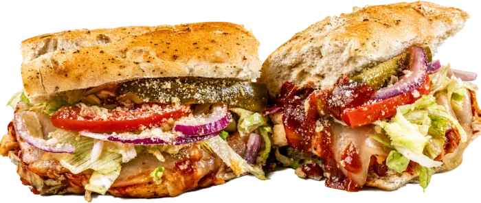 Acapulco Gold BBQ Chicken toasted sub with grilled chicken breast, BBQ, swiss, lettuce, and tomato.