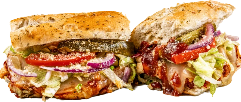 Acapulco Gold BBQ Chicken toasted sub with grilled chicken breast, BBQ, swiss, lettuce, and tomato.