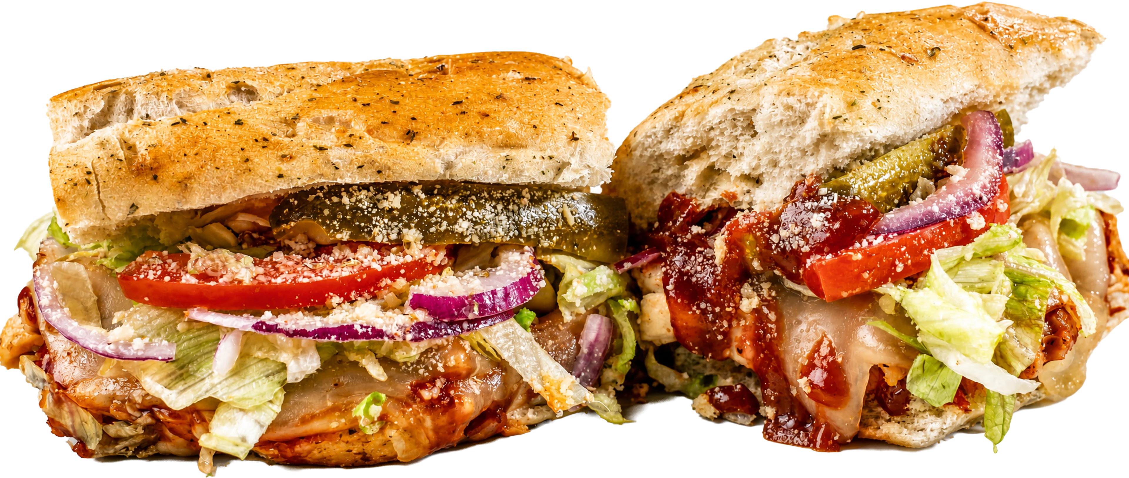 Acapulco Gold BBQ Chicken toasted sub with grilled chicken breast, BBQ, swiss, lettuce, and tomato.