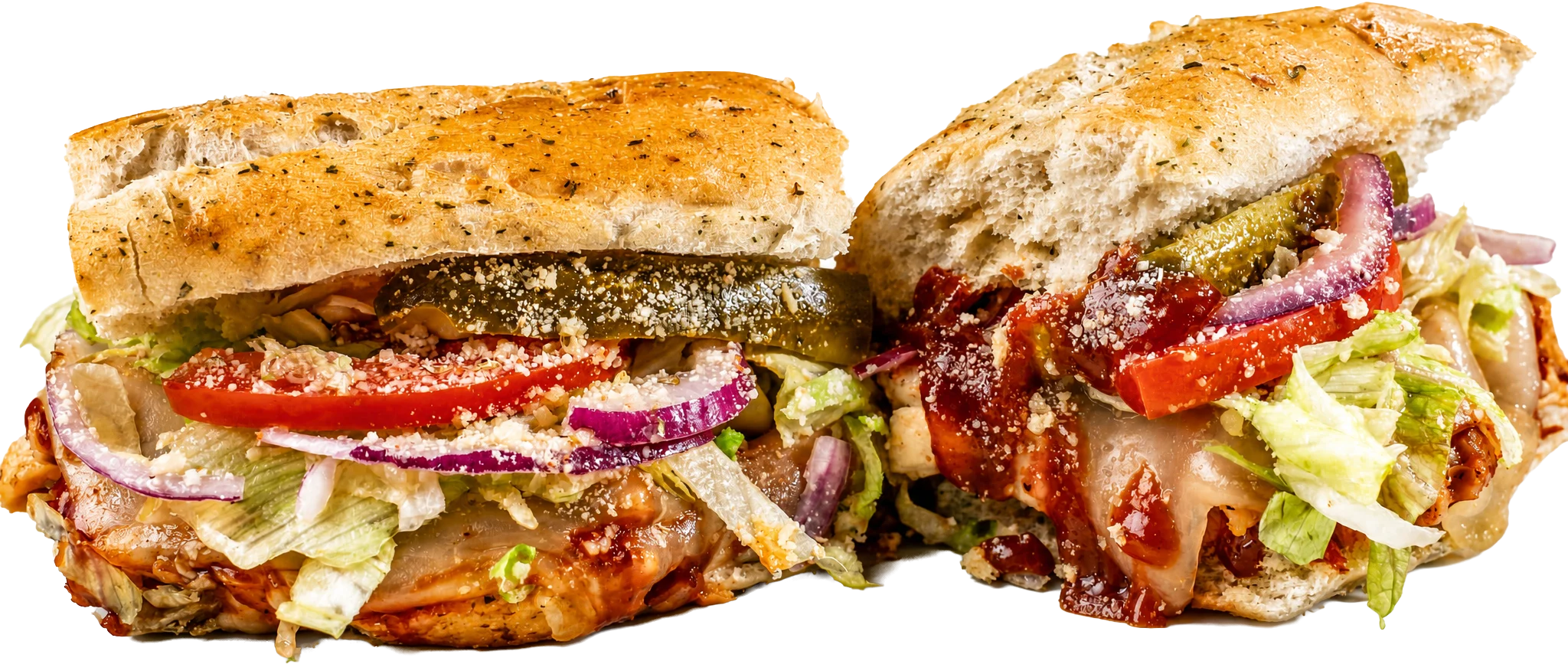 Acapulco Gold BBQ Chicken toasted sub with grilled chicken breast, BBQ, swiss, lettuce, and tomato.