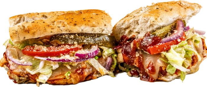 Acapulco Gold BBQ Chicken toasted sub with grilled chicken breast, BBQ, swiss, lettuce, and tomato.