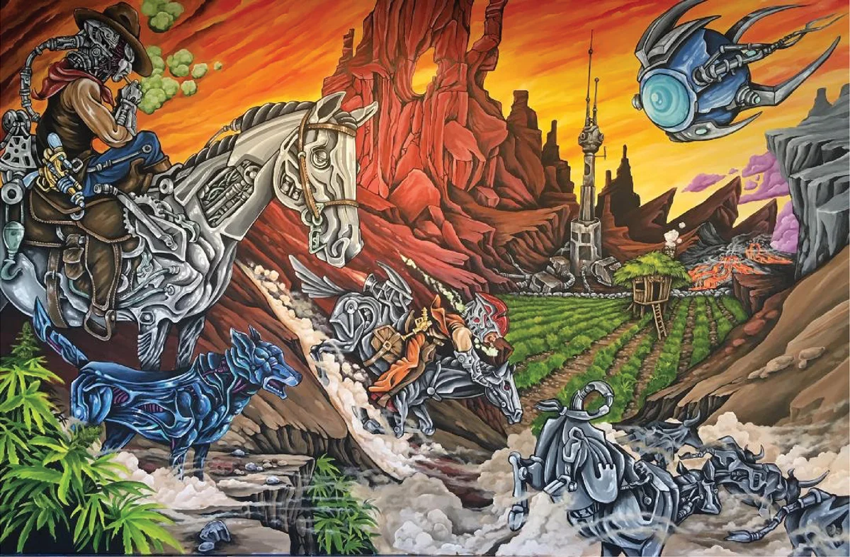A mural of a cyborg western looking down on a valley