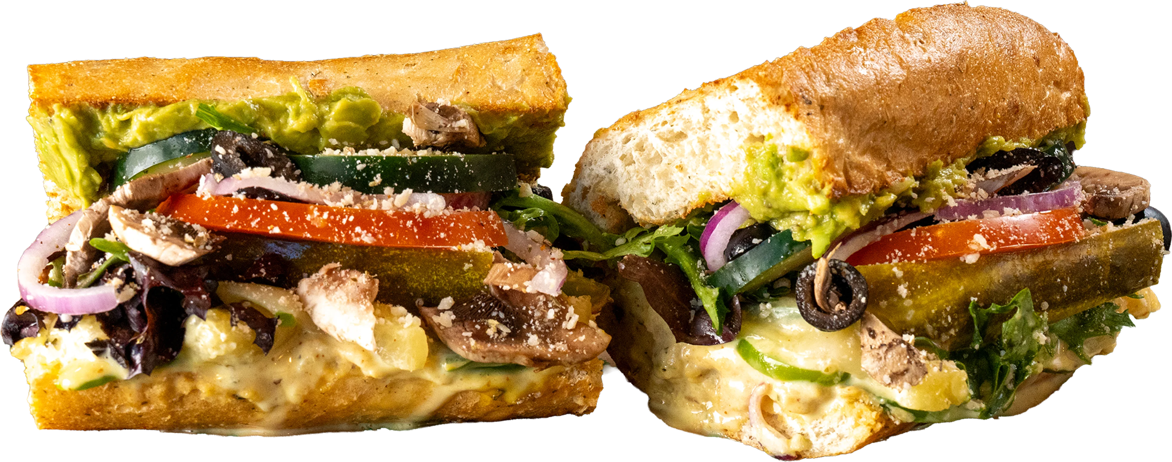 Mowie Wowie Tropical Veggie toasted sub with hummus, guacamole, honey mustard, green bell peppers, and pineapple.