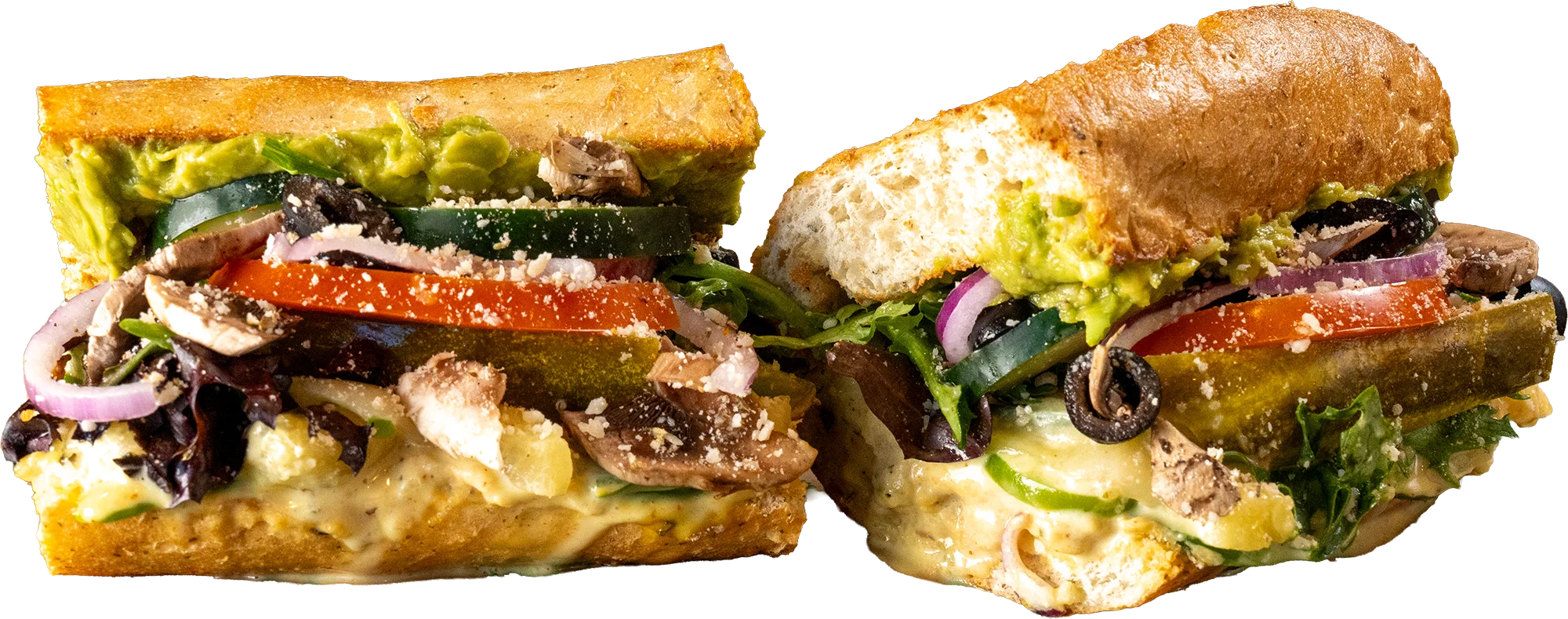 Mowie Wowie Tropical Veggie toasted sub with hummus, guacamole, honey mustard, green bell peppers, and pineapple.