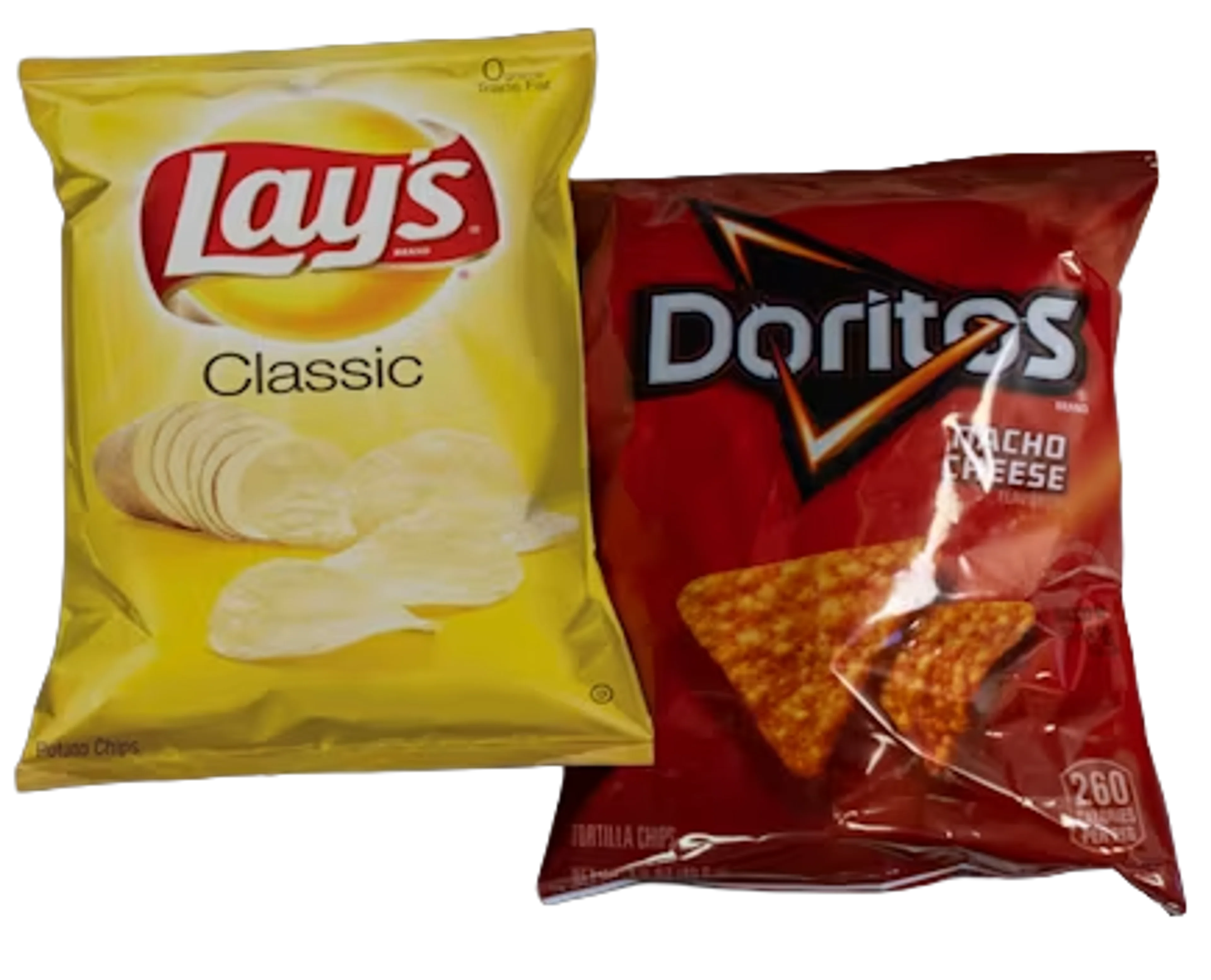 Bags of Lay's potato chips and Doritos tortilla chips