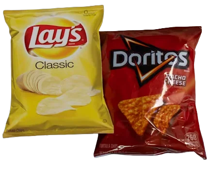 Bags of Lay's potato chips and Doritos tortilla chips