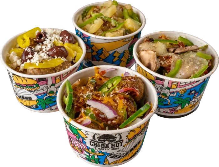 Bowl O' Balls munchie with meatballs with sauce, veggies, and cheese.