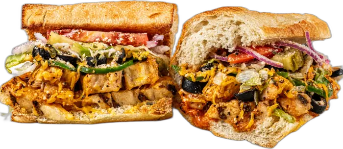 Jamaican Red Buffalo Chicken toasted sub with grilled chicken breast, jamaican red hot sauce, jalapeño, green bell peppers, and black olives.
