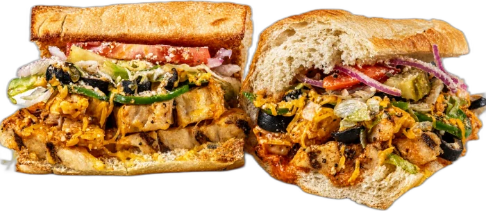 Jamaican Red Buffalo Chicken toasted sub with grilled chicken breast, jamaican red hot sauce, jalapeño, green bell peppers, and black olives.