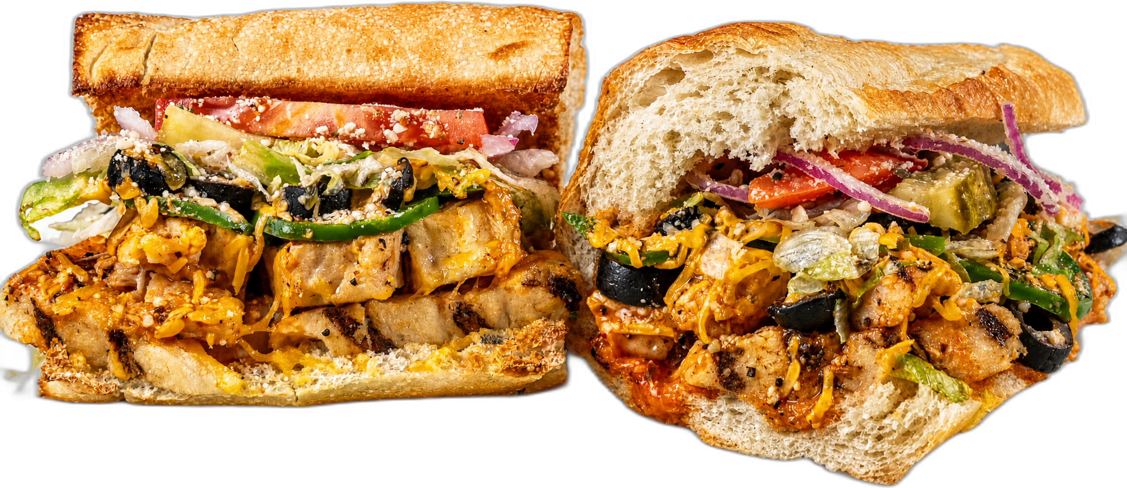 Jamaican Red Buffalo Chicken toasted sub with grilled chicken breast, jamaican red hot sauce, jalapeño, green bell peppers, and black olives.