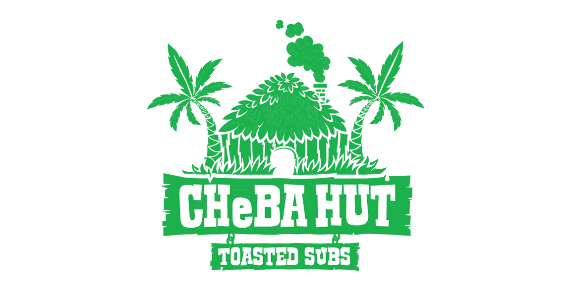 One-color green Cheba Hut Toasted Subs logo of the smoking hut between palm trees above a wooden sign