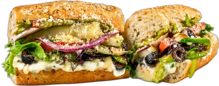 Griefo GUAC & CREAM CHEESE toasted sub with cream cheese, guacamole, pepper jack, spring mix, and tomato.
