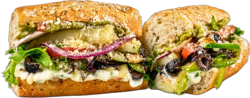 Griefo GUAC & CREAM CHEESE toasted sub with cream cheese, guacamole, pepper jack, spring mix, and tomato.