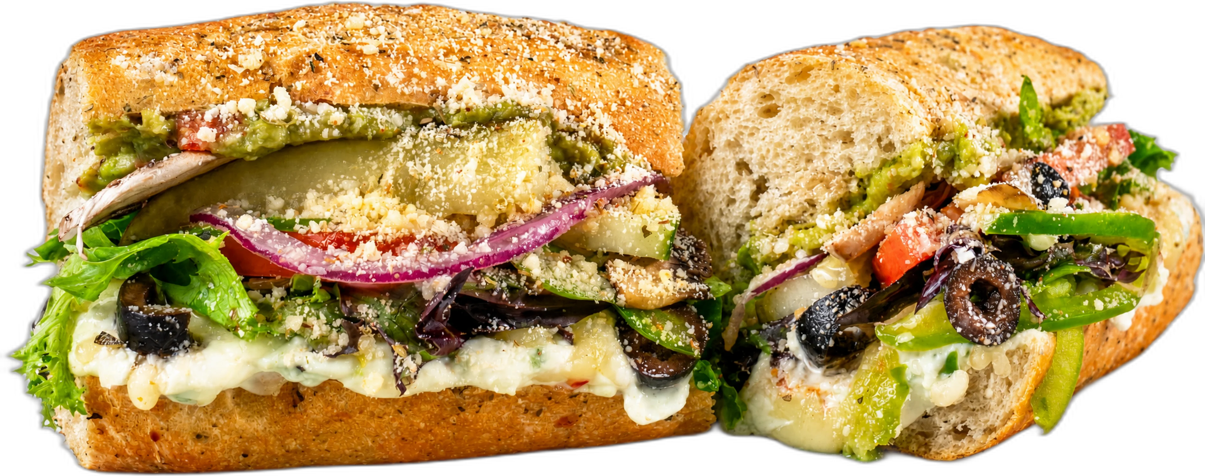Griefo GUAC & CREAM CHEESE toasted sub with cream cheese, guacamole, pepper jack, spring mix, and tomato.