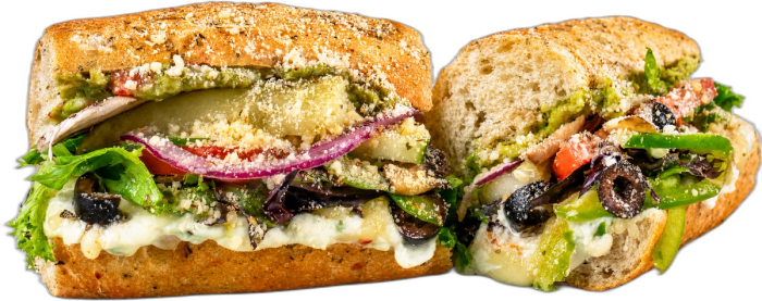 Griefo GUAC & CREAM CHEESE toasted sub with cream cheese, guacamole, pepper jack, spring mix, and tomato.