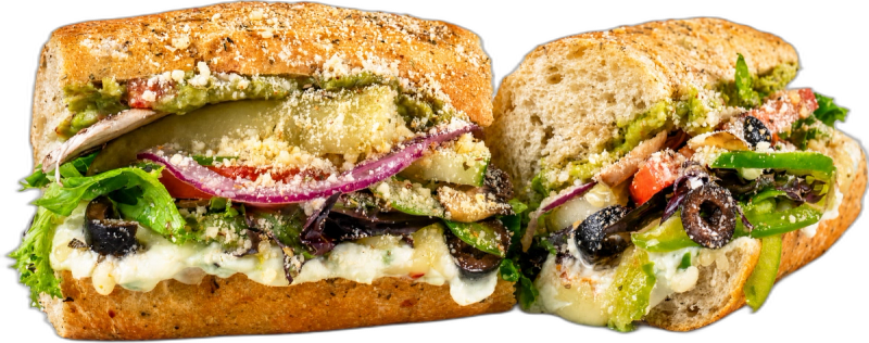 Griefo GUAC & CREAM CHEESE toasted sub with cream cheese, guacamole, pepper jack, spring mix, and tomato.