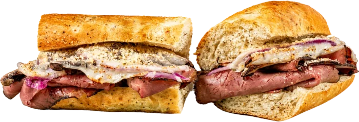 AK-47 French Dip toasted sub with roast beef, onion, shrooms, and double provolone & shake.