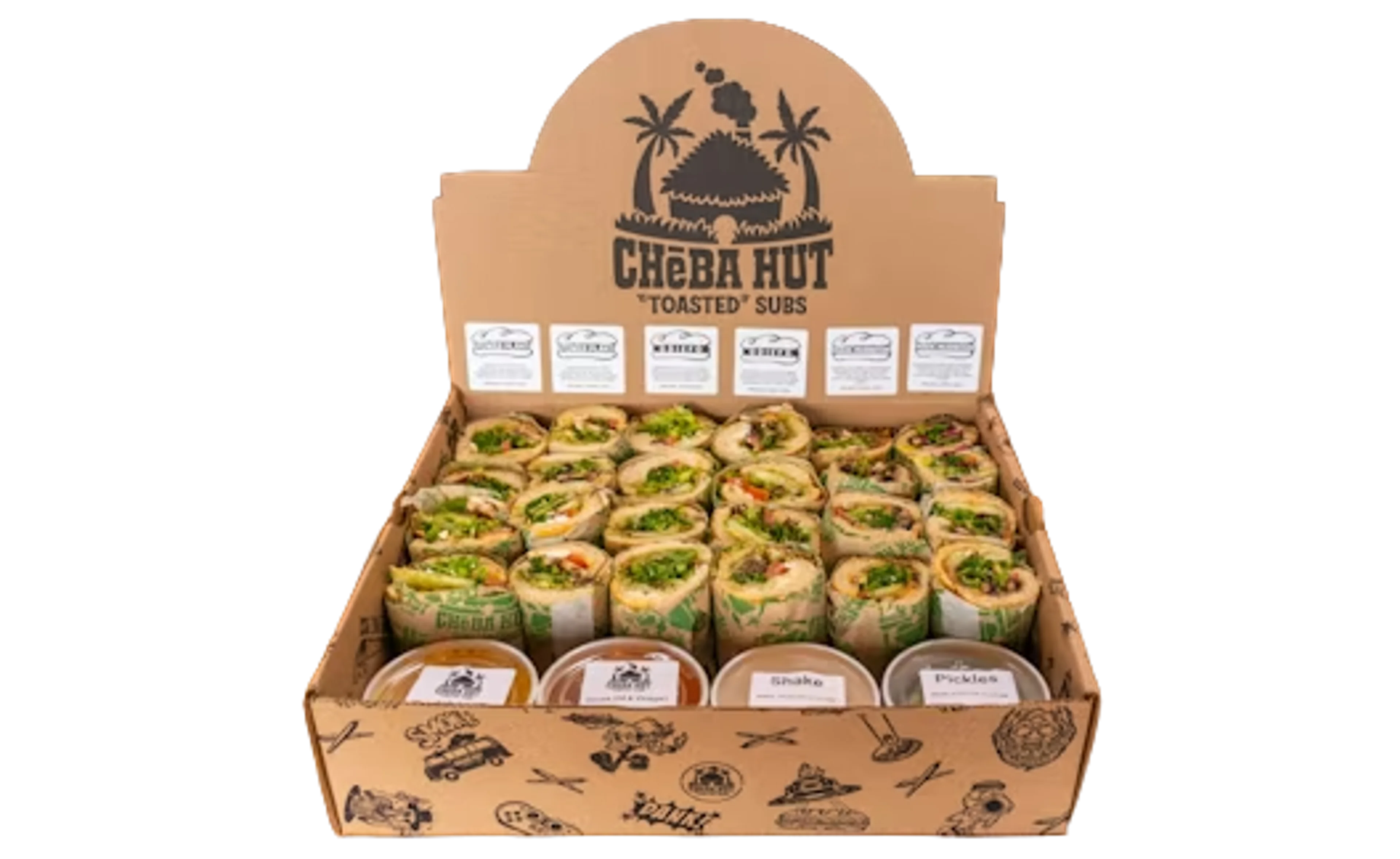 Open box of sliced Cheba Hut subs with dipping cups