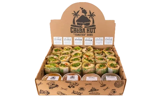 Open box of sliced Cheba Hut subs with dipping cups