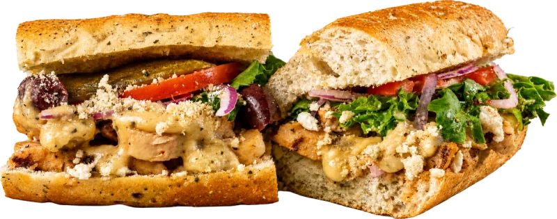 Apollo 13 greek chicken / HUMMUS toasted sub with grilled chicken breast, garlic butter, kalamata olives, banana peppers, and feta.