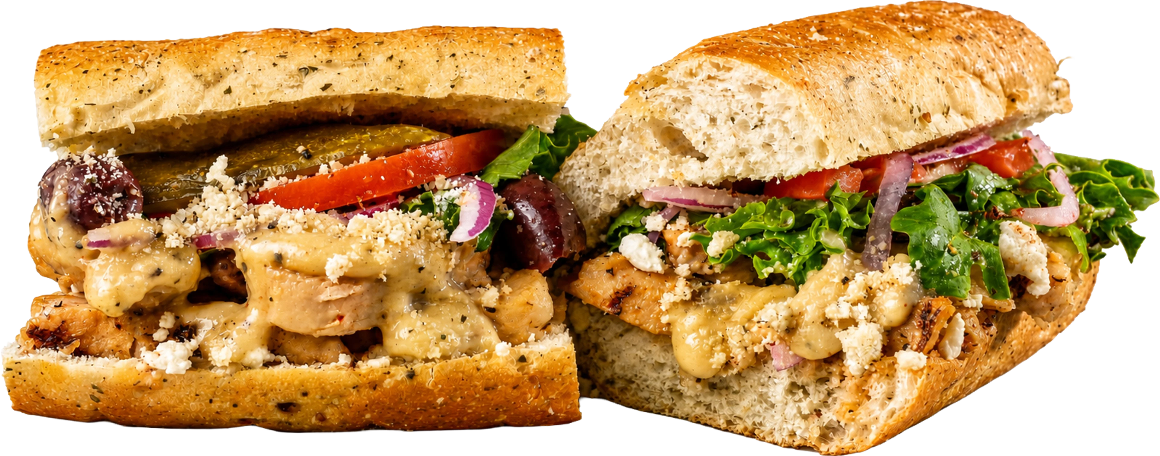Apollo 13 greek chicken / HUMMUS toasted sub with grilled chicken breast, garlic butter, kalamata olives, banana peppers, and feta.