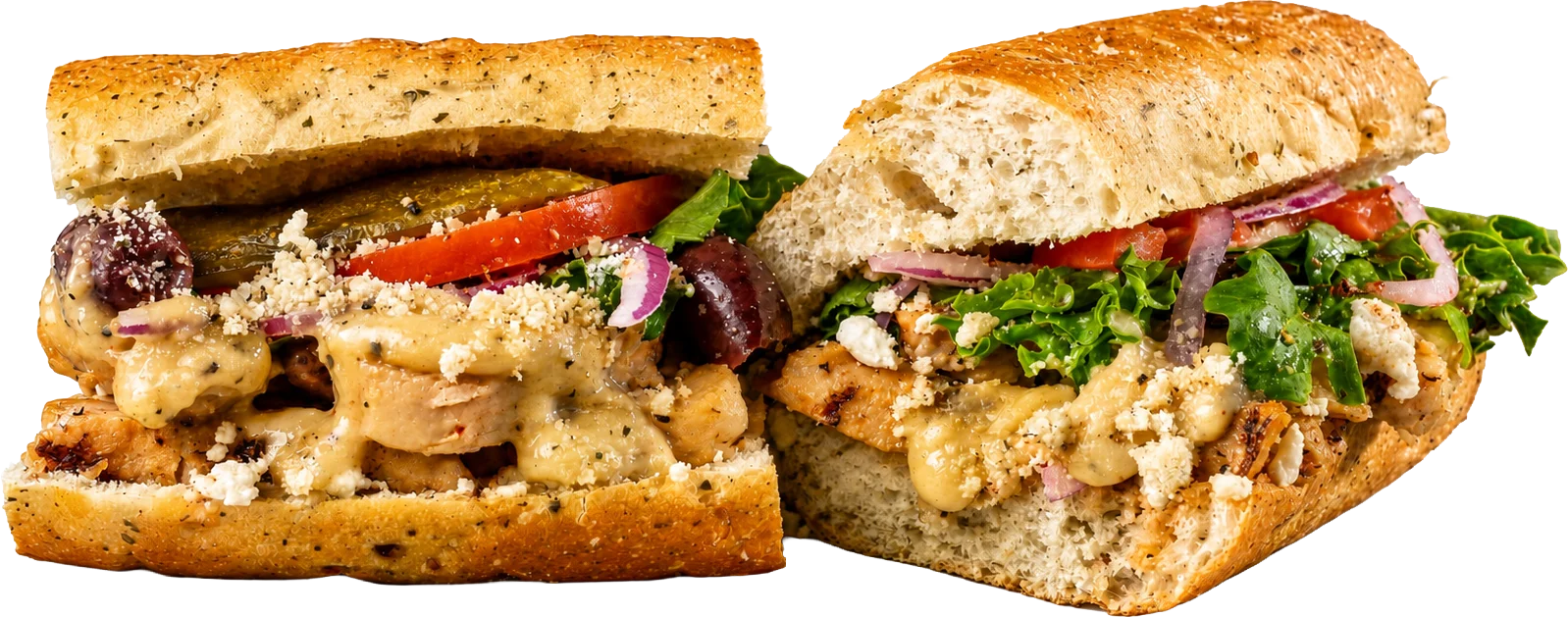 Apollo 13 greek chicken / HUMMUS toasted sub with grilled chicken breast, garlic butter, kalamata olives, banana peppers, and feta.